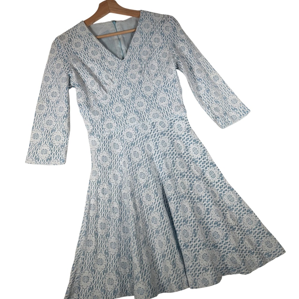 Vintage Teena Paige Blue White Floral Lace Fit Flare Dress V-Neck 11 Authentic